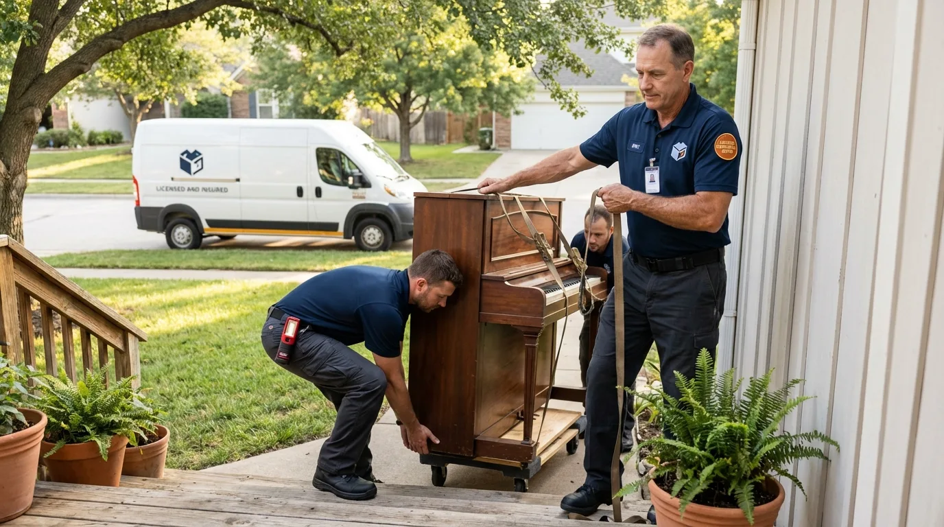 Licensed piano movers securing grand piano in Barrow, AK
